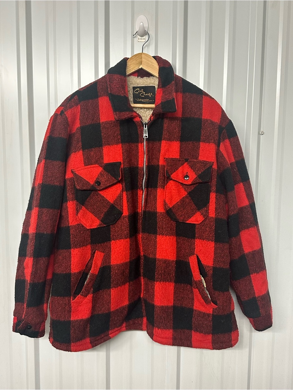 Vintage Cal-Craft Men’s Buffalo Check Wool Jacket Faux Sherpa Lined
